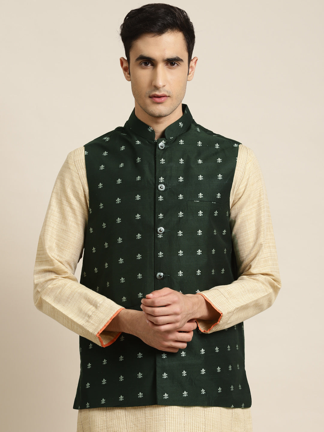 Men's Cotton Self Design Dark Green Nehru Jacket