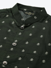 Men's Cotton Self Design Dark Green Nehru Jacket