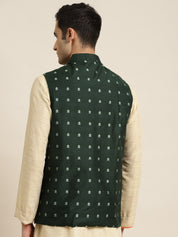 Men's Cotton Self Design Dark Green Nehru Jacket