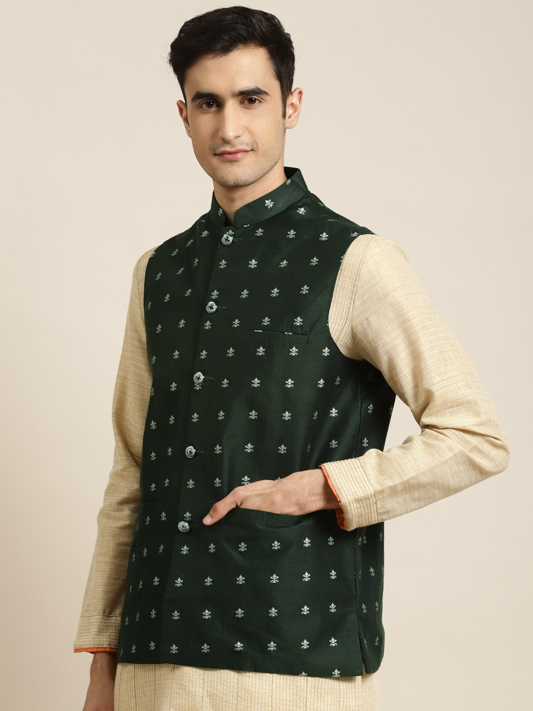 Men's Cotton Self Design Dark Green Nehru Jacket