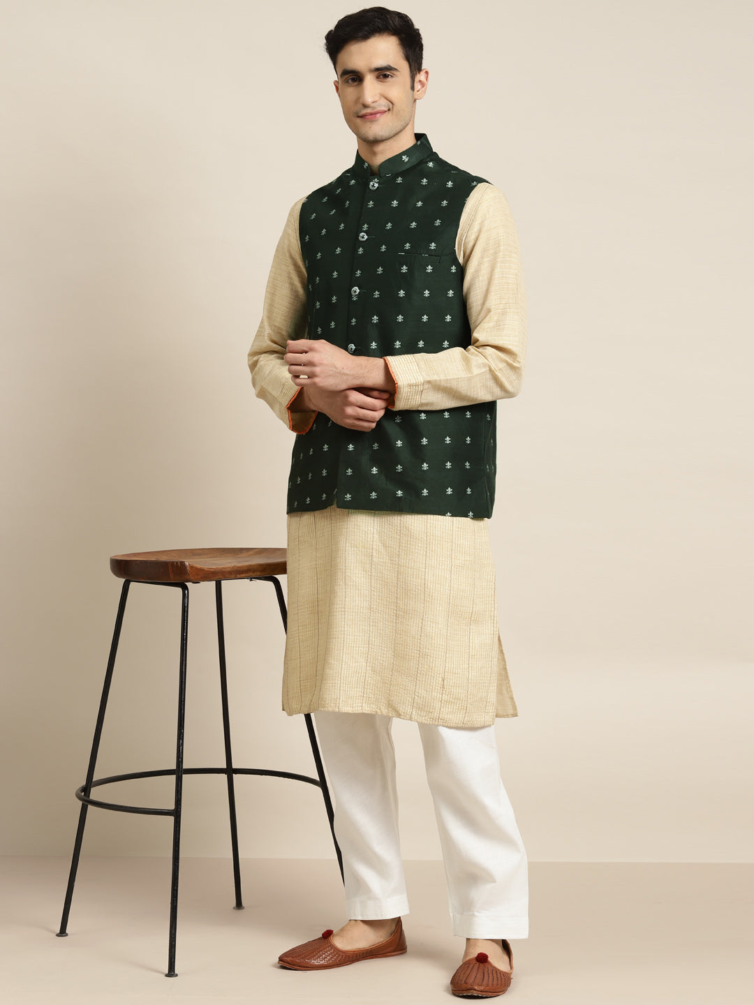 Men's Cotton Self Design Dark Green Nehru Jacket