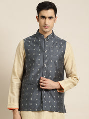 Men's Cotton Self Design Grey Nehru Jacket