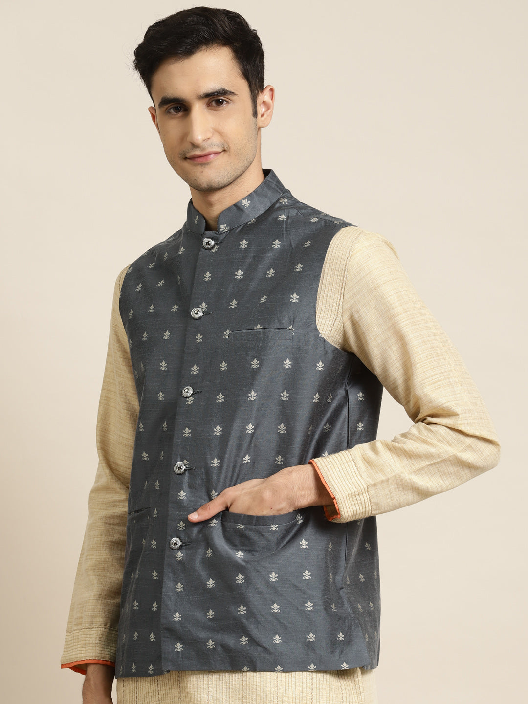 Men's Cotton Self Design Grey Nehru Jacket