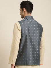 Men's Cotton Self Design Grey Nehru Jacket