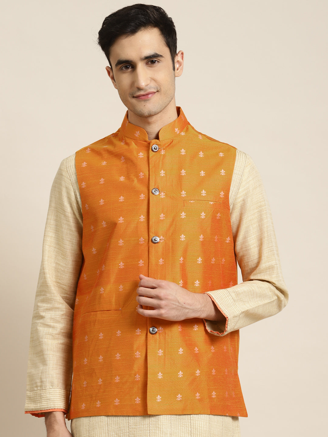 Men's Cotton Self Design Orange Nehru Jacket