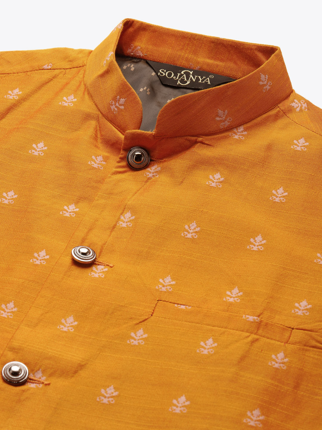 Men's Cotton Self Design Orange Nehru Jacket