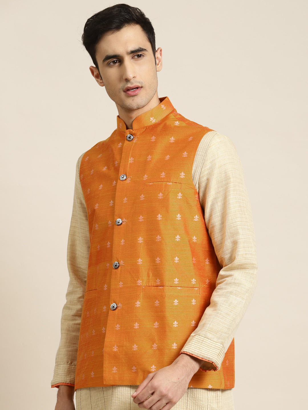 Men's Cotton Self Design Orange Nehru Jacket