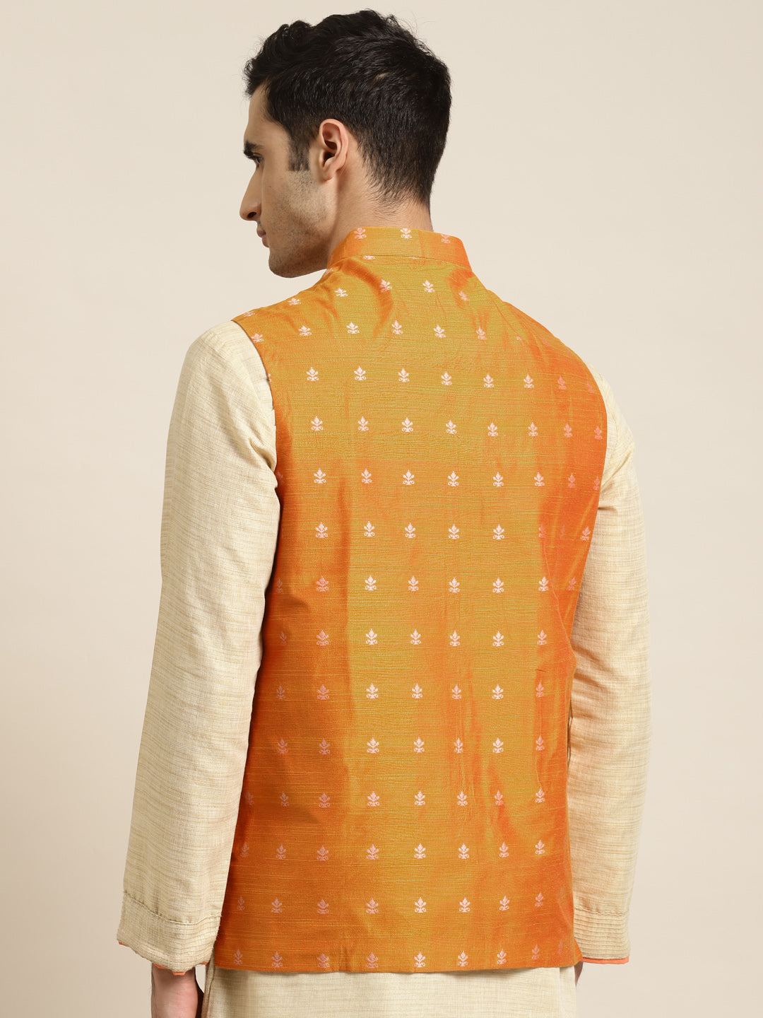 Men's Cotton Self Design Orange Nehru Jacket