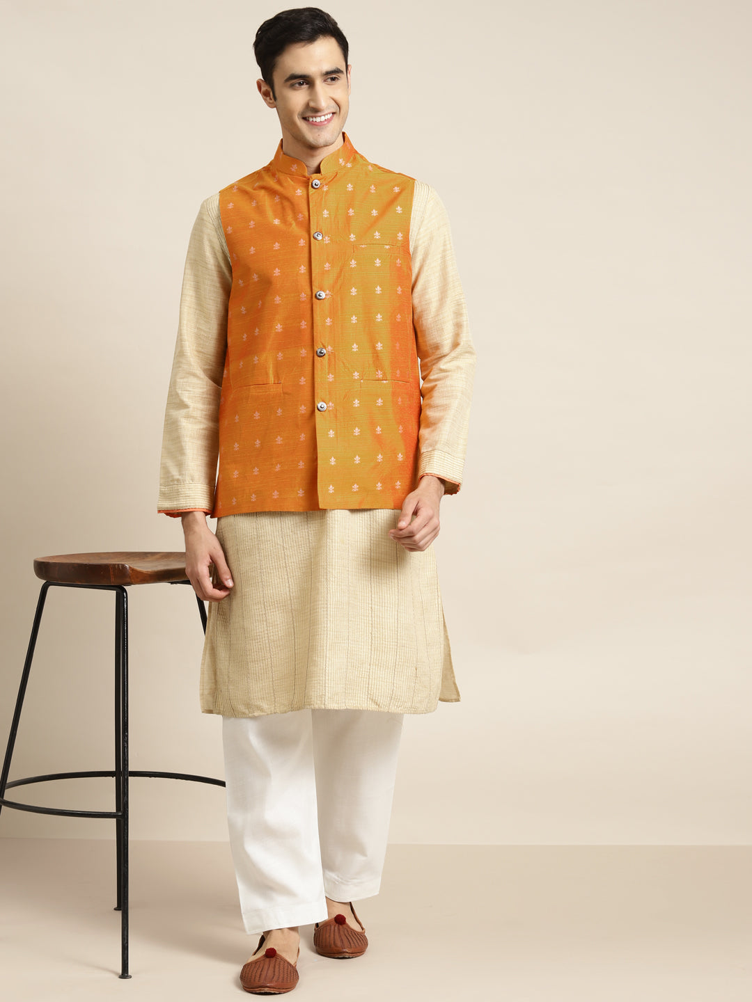 Men's Cotton Self Design Orange Nehru Jacket