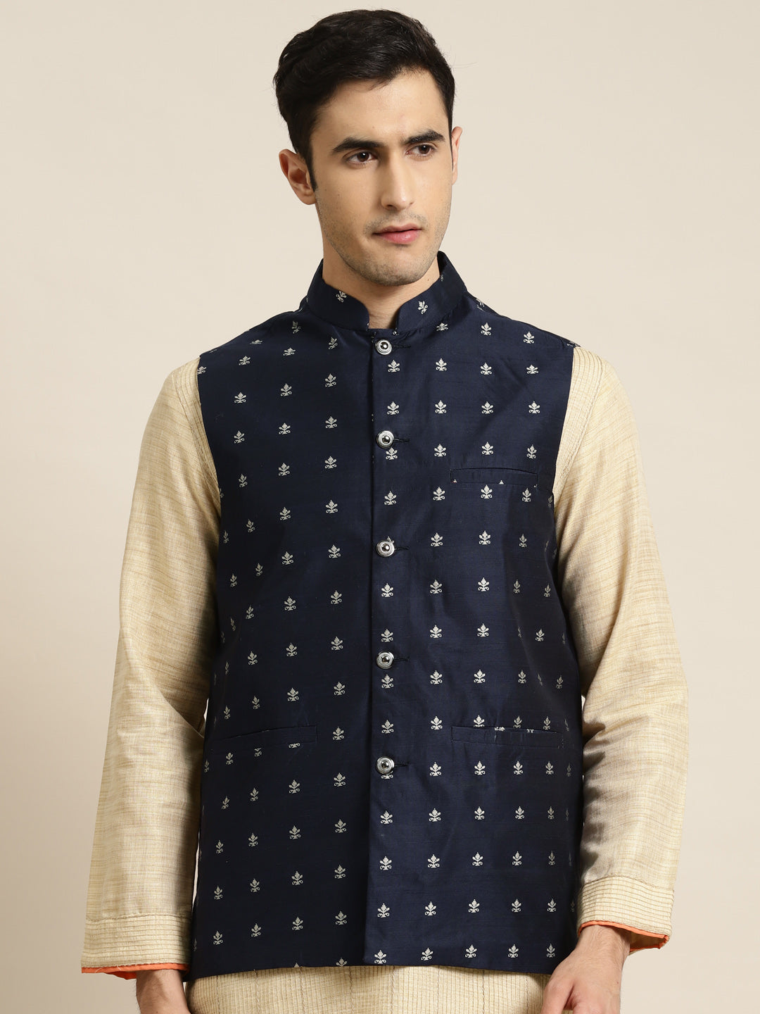 Men's Cotton Self Design Navy Blue Nehru Jacket