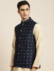 Men's Cotton Self Design Navy Blue Nehru Jacket