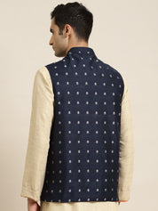 Men's Cotton Self Design Navy Blue Nehru Jacket