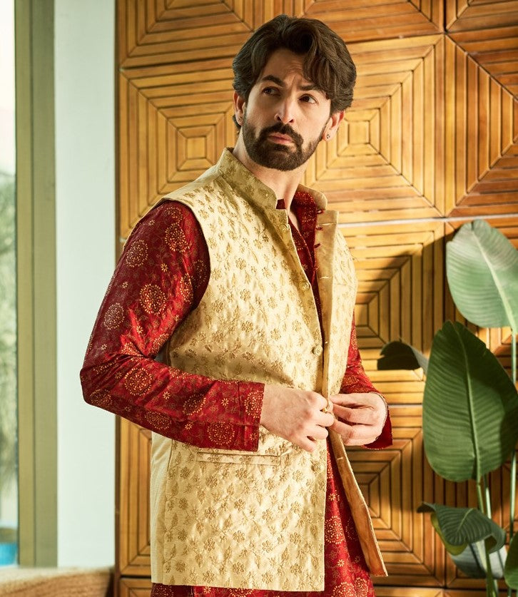 Mens Silk Blend Embroidered Beige Nehru Jacket
