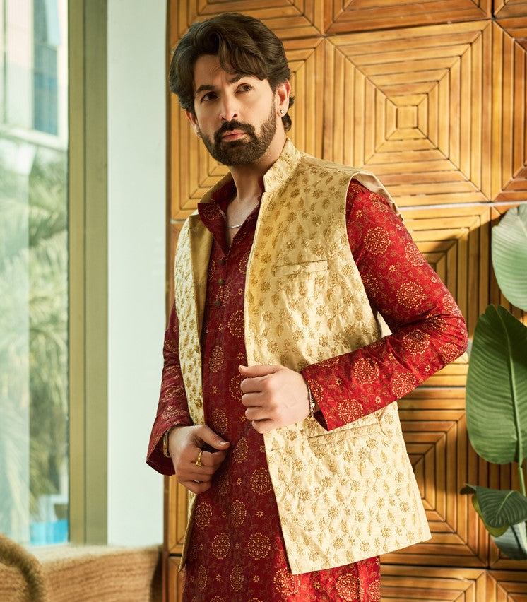 Mens Silk Blend Embroidered Beige Nehru Jacket