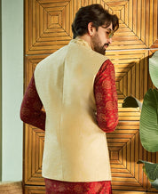 Mens Silk Blend Embroidered Beige Nehru Jacket