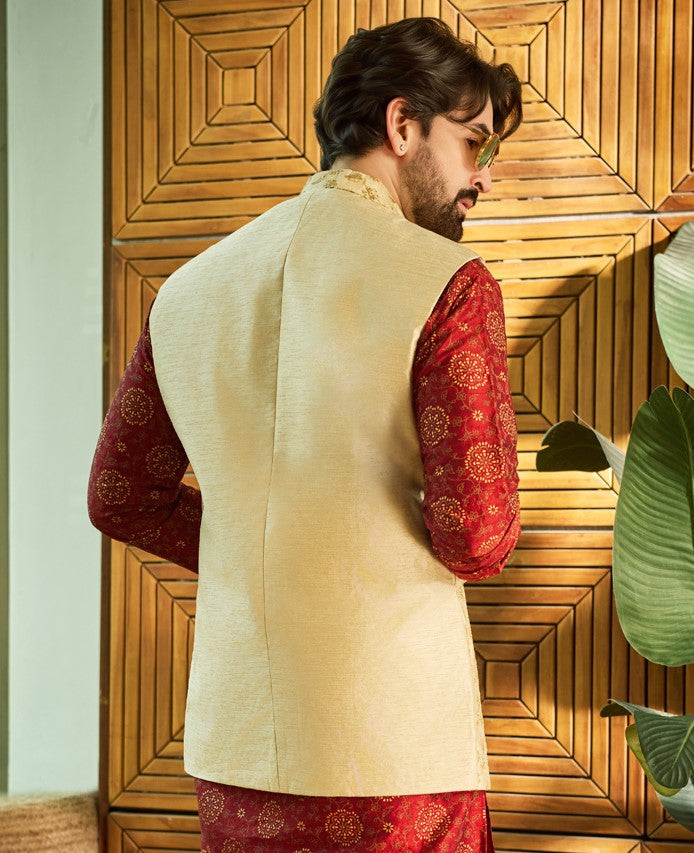 Mens Silk Blend Embroidered Beige Nehru Jacket
