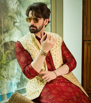 Mens Silk Blend Embroidered Beige Nehru Jacket