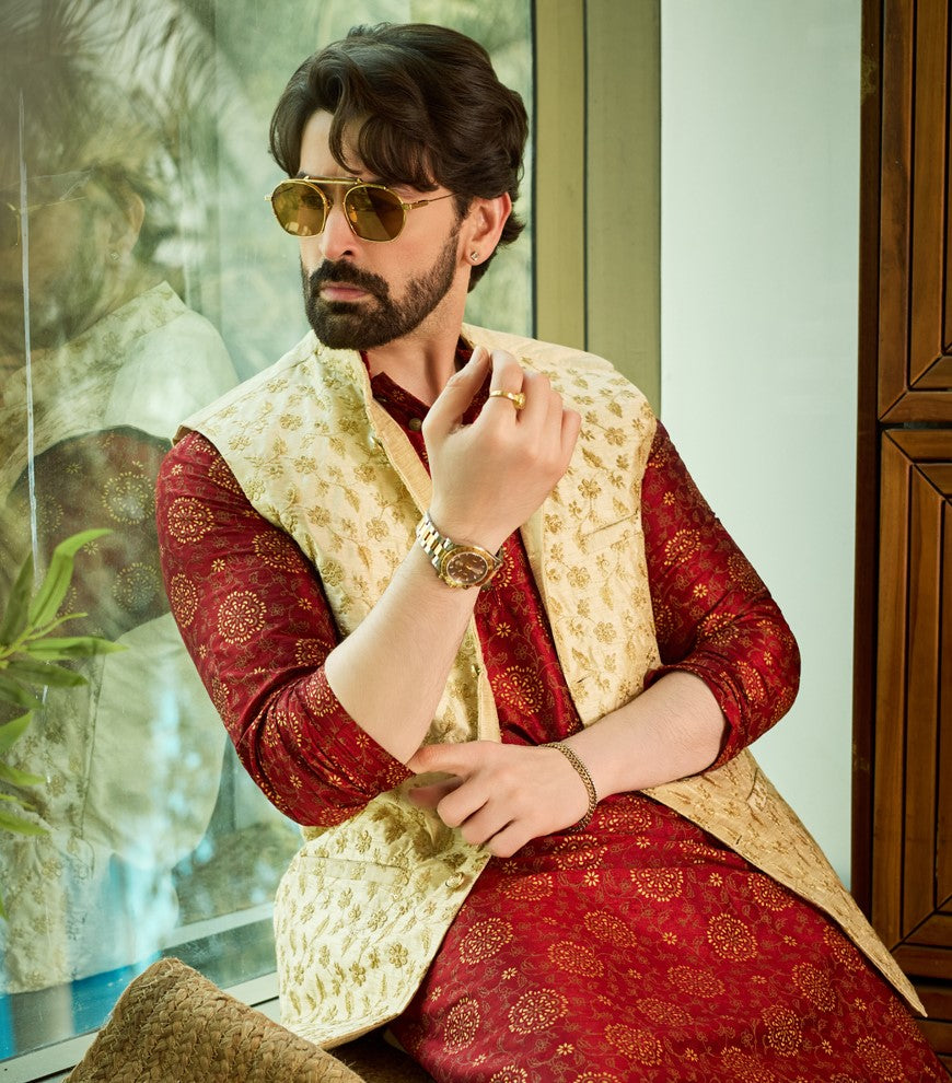 Mens Silk Blend Embroidered Beige Nehru Jacket