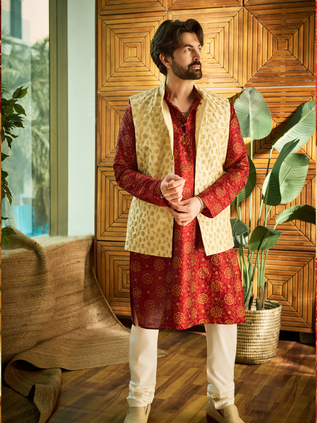 Mens Silk Blend Embroidered Beige Nehru Jacket
