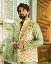 Mens Silk Blend Embroidered Cream Nehru Jacket