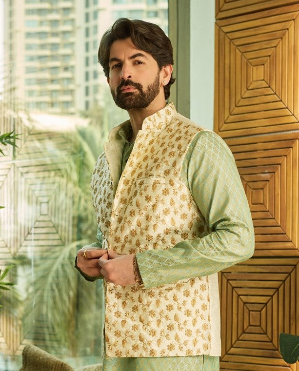 Mens Silk Blend Embroidered Cream Nehru Jacket