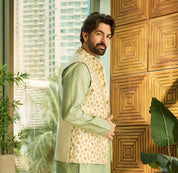 Mens Silk Blend Embroidered Cream Nehru Jacket