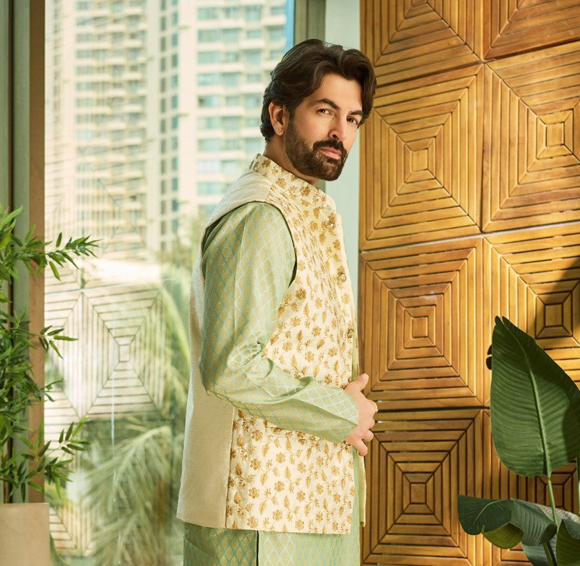 Mens Silk Blend Embroidered Cream Nehru Jacket