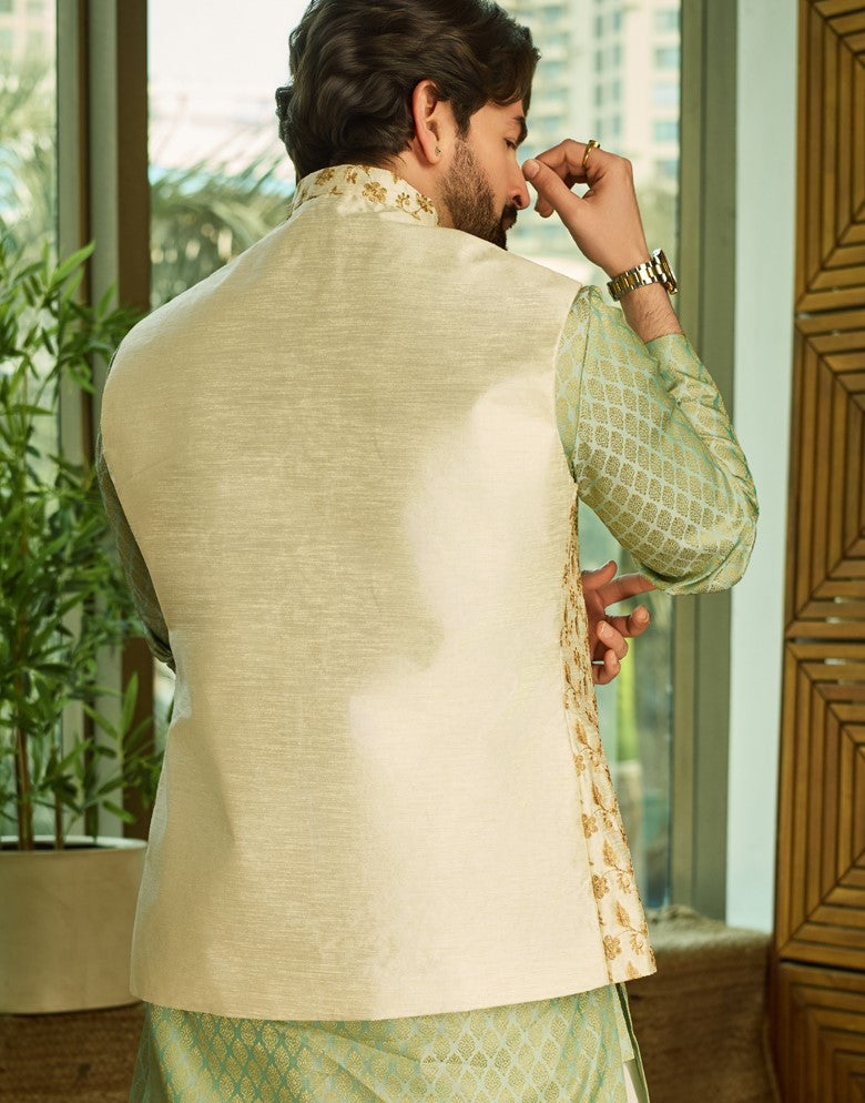 Mens Silk Blend Embroidered Cream Nehru Jacket