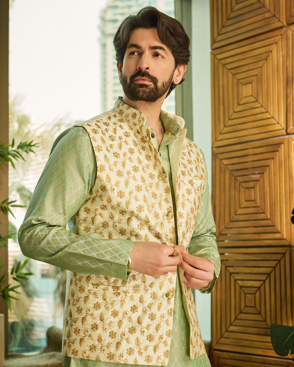 Mens Silk Blend Embroidered Cream Nehru Jacket
