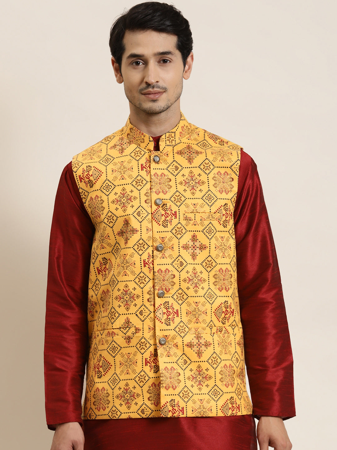 Men's Cotton Linen Printed Yellow Nehru Jacket