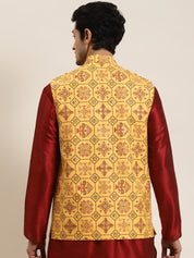 Men's Cotton Linen Printed Yellow Nehru Jacket