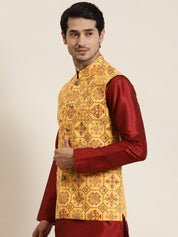 Men's Cotton Linen Printed Yellow Nehru Jacket