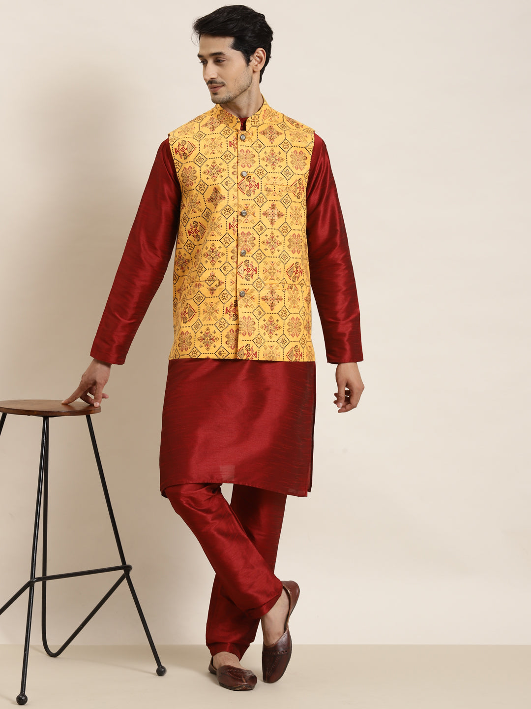 Men's Cotton Linen Printed Yellow Nehru Jacket