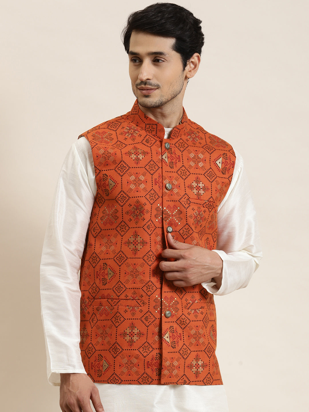 Men's Cotton Linen Printed Orange Nehru Jacket