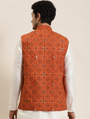 Men's Cotton Linen Printed Orange Nehru Jacket