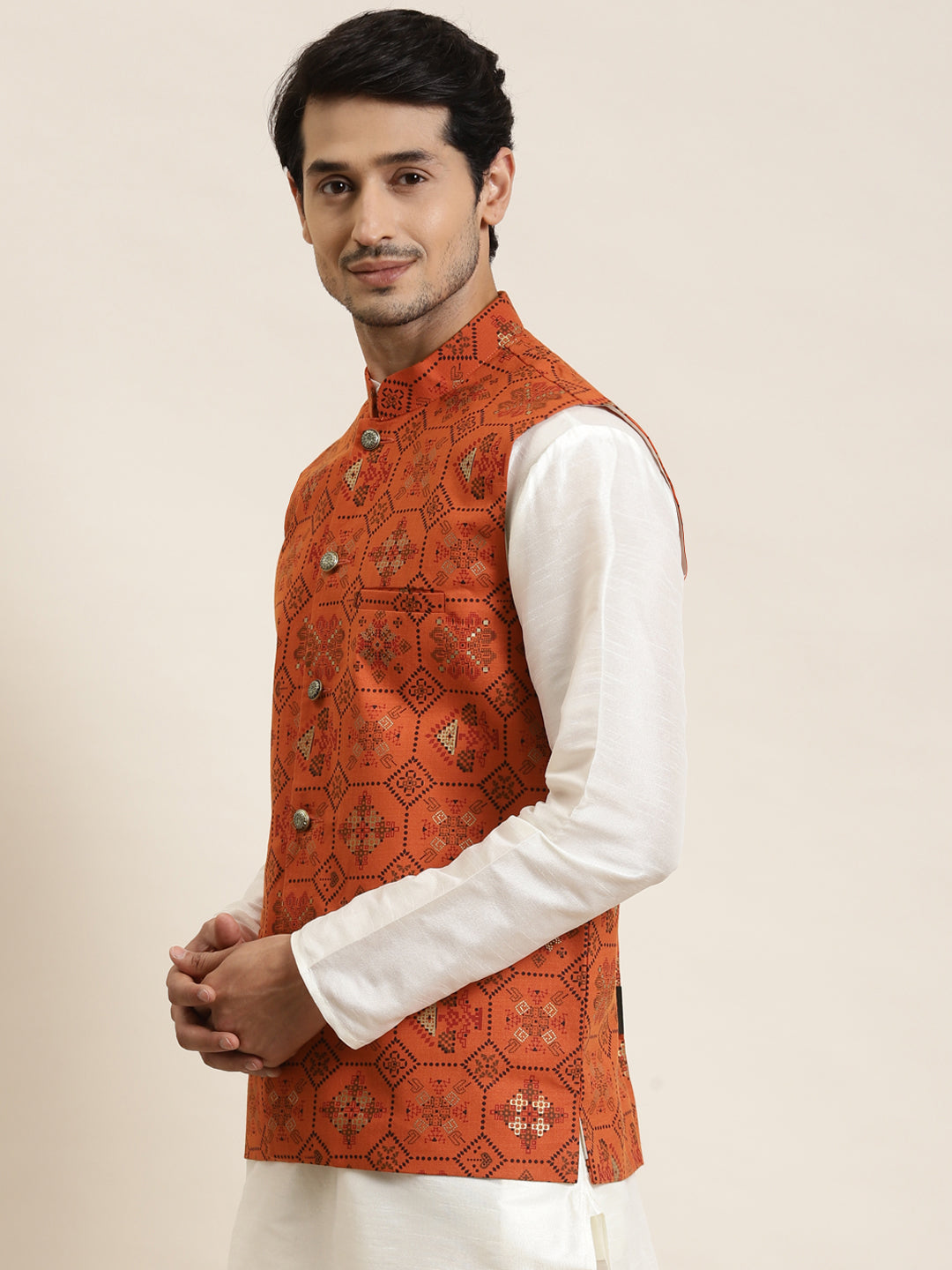 Men's Cotton Linen Printed Orange Nehru Jacket