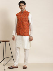 Men's Cotton Linen Printed Orange Nehru Jacket