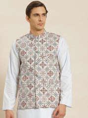 Men's Cotton Linen Printed Cream Nehru Jacket