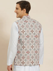 Men's Cotton Linen Printed Cream Nehru Jacket