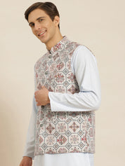 Men's Cotton Linen Printed Cream Nehru Jacket