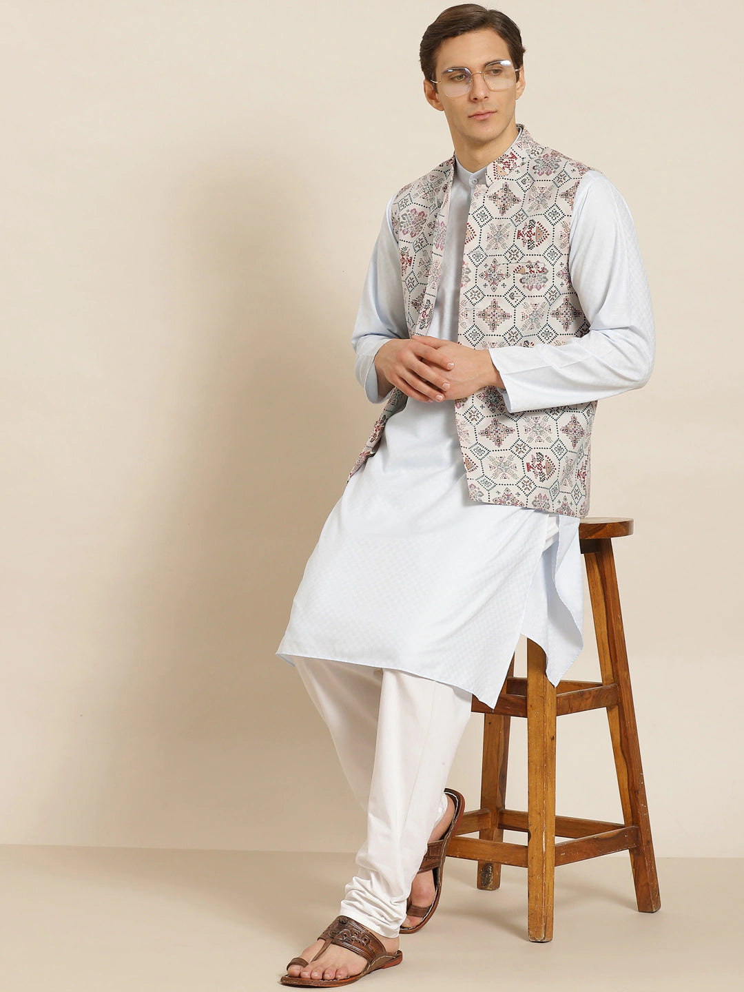 Men's Cotton Linen Printed Cream Nehru Jacket