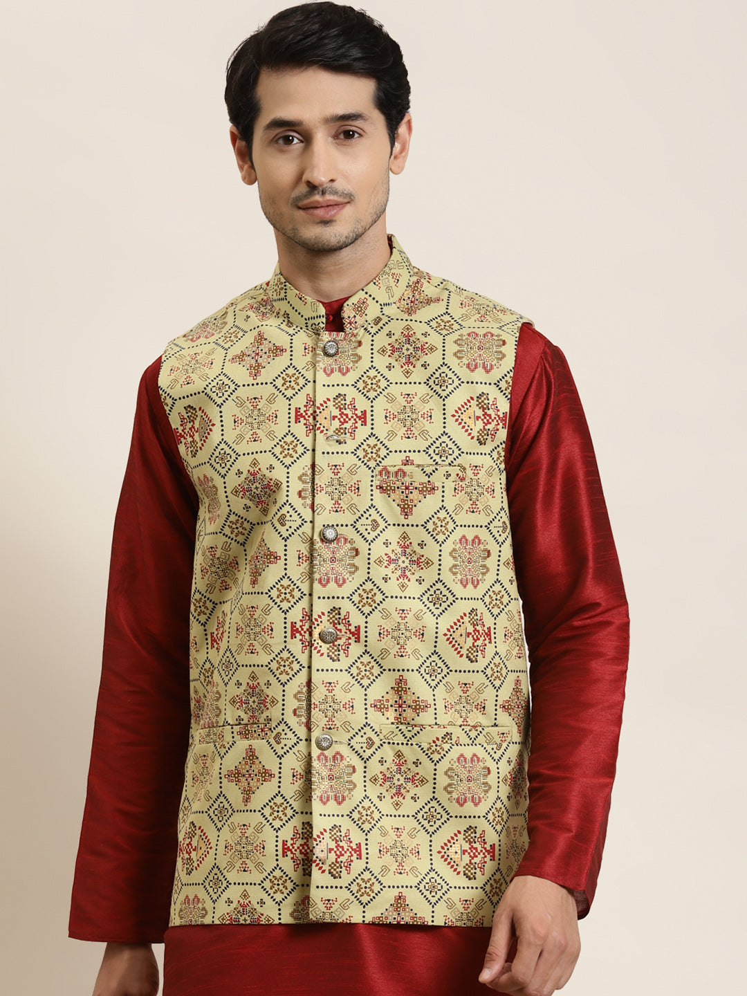 Men's Cotton Linen Printed Pista Green Nehru Jacket