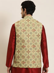 Men's Cotton Linen Printed Pista Green Nehru Jacket