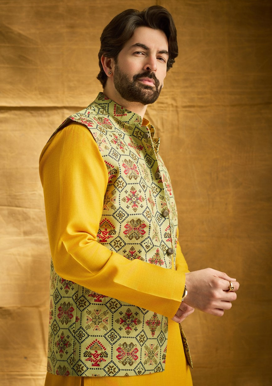 Men's Cotton Linen Printed Pista Green Nehru Jacket