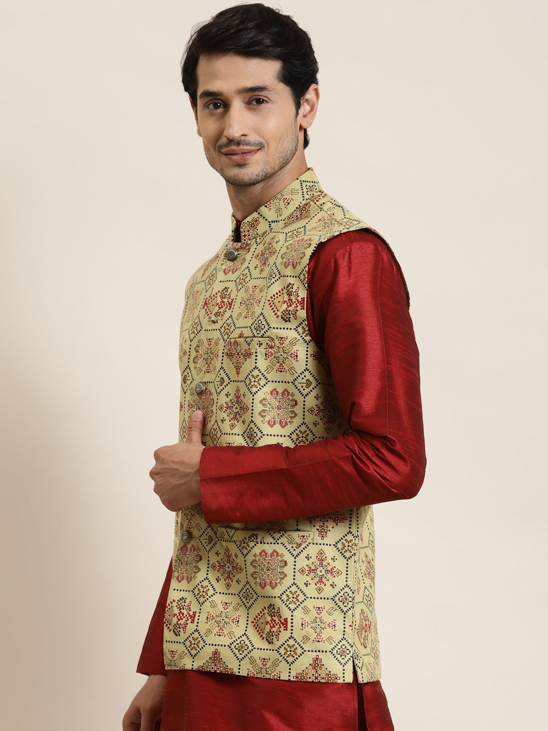 Men's Cotton Linen Printed Pista Green Nehru Jacket