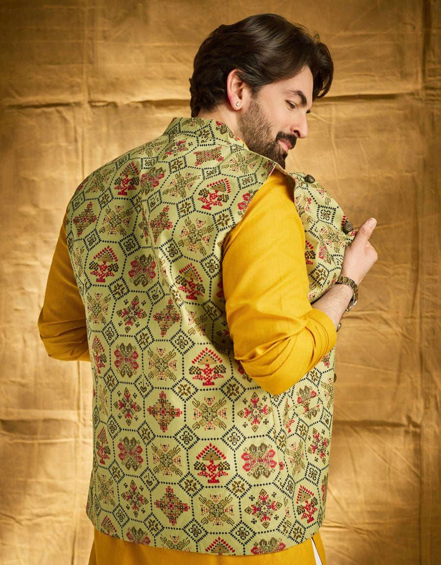 Men's Cotton Linen Printed Pista Green Nehru Jacket
