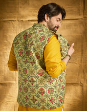 Men's Cotton Linen Printed Pista Green Nehru Jacket