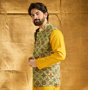 Men's Cotton Linen Printed Pista Green Nehru Jacket