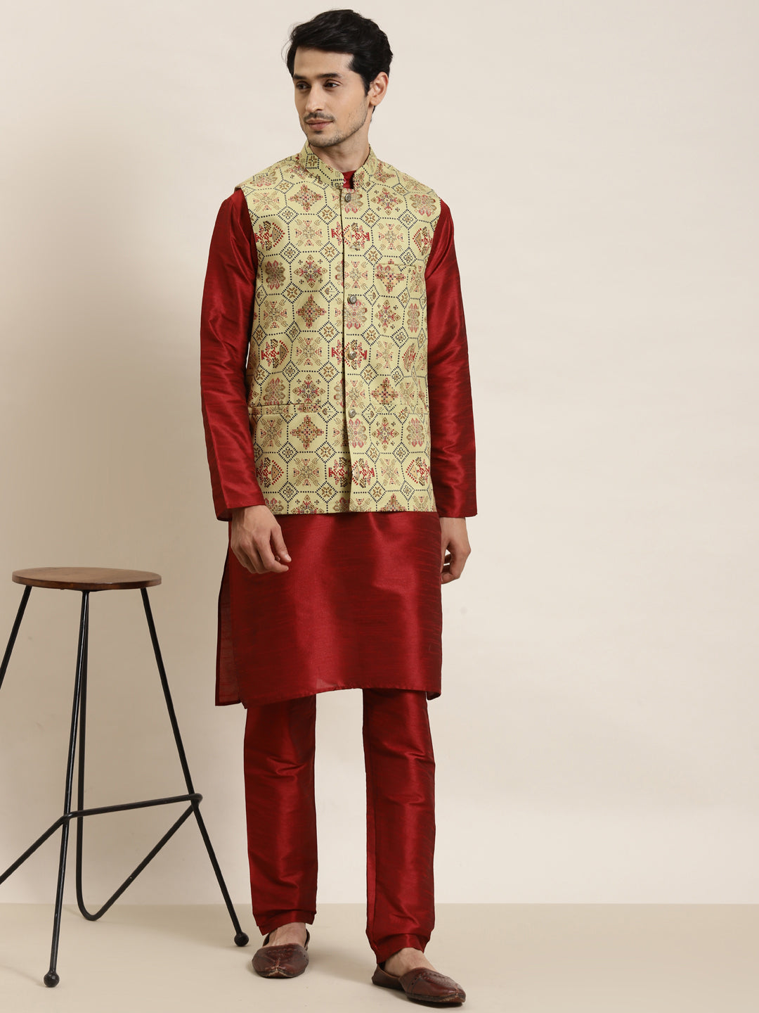 Men's Cotton Linen Printed Pista Green Nehru Jacket