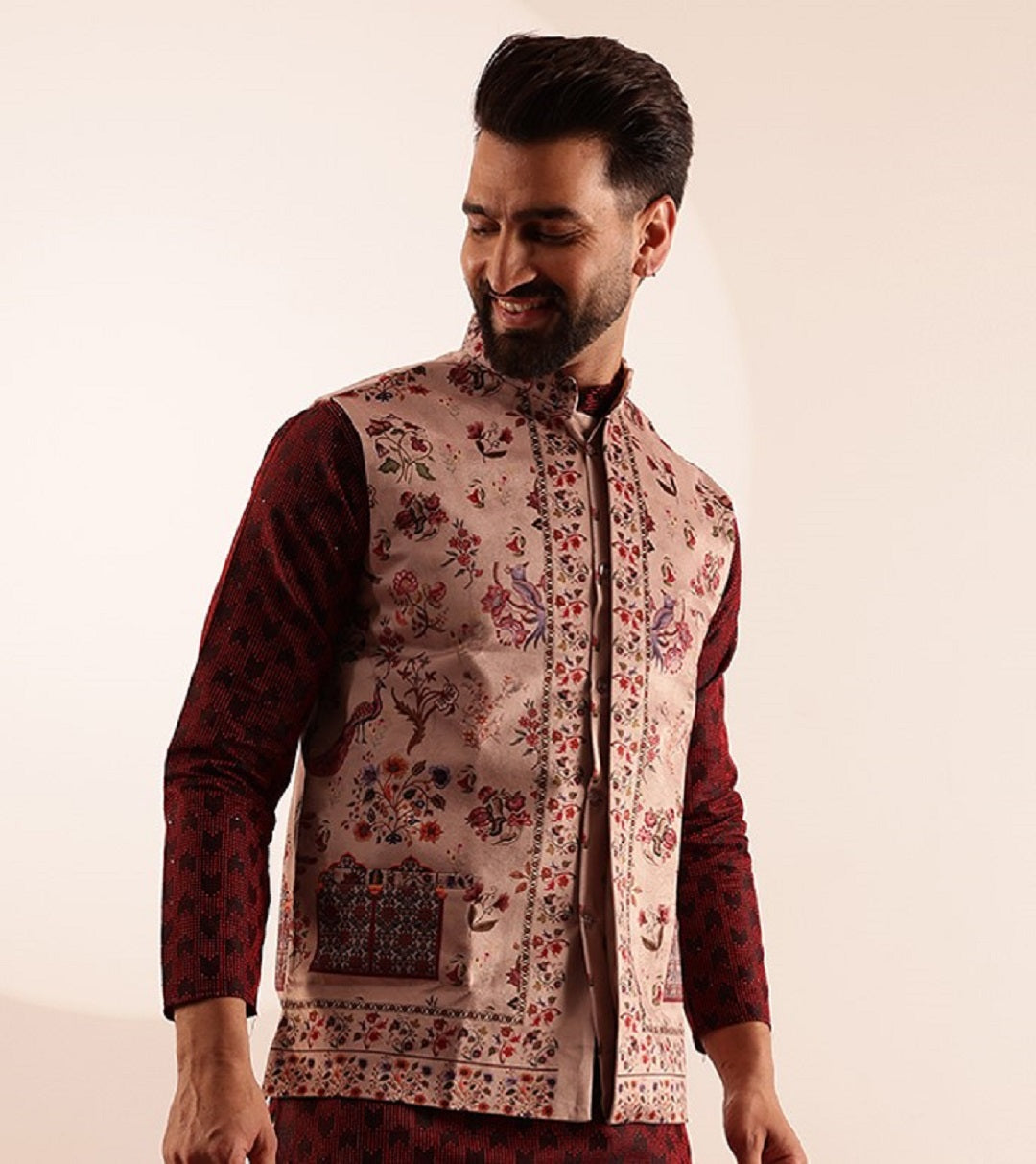 Men's Velvet Maroon Nehru Jacket With Paisley Print